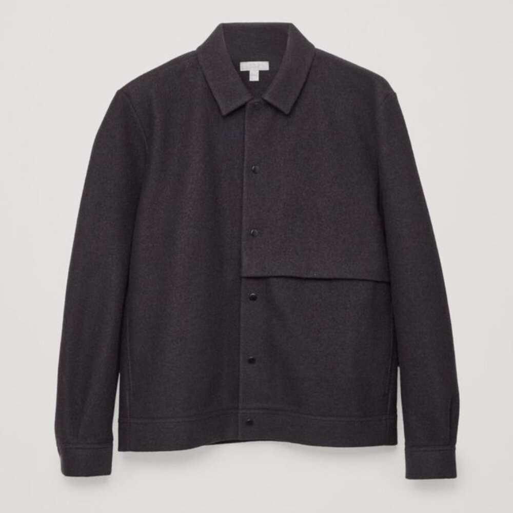 COS Boiled Wool Jacket Shacket Dark Gray/ Black Snap Buttons size S Minimalist
